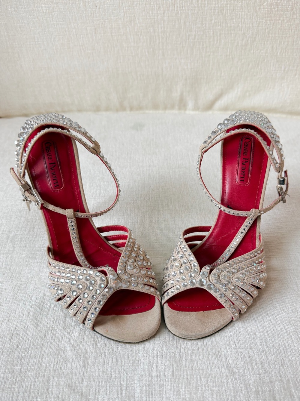 Cesare Paciotti Beige Crystal Embellished Ankle-Strap Heels with Red Insole